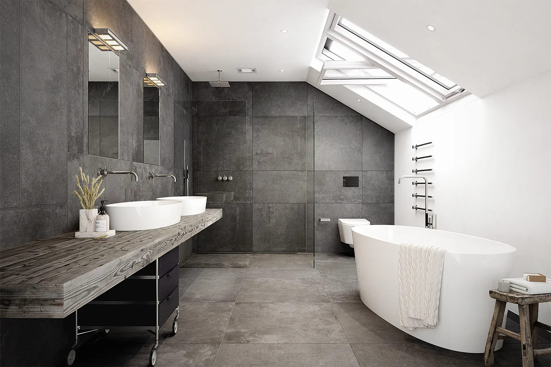Bad mit Dachfenster, freistehender Badewanne und großzügigen Waschtisch setzt grauen Beton und Lavastein ein.